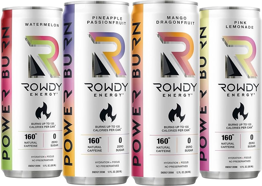 Rowdy Energy Power Burn, bebida energética sin azúcar, 12 onzas líquidas, rendimiento físico y recuperación con aminoácidos, electrolitos, 160 mg de...