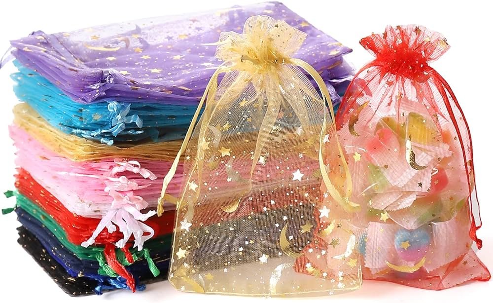 Amazon.com: 100 bolsas de organza con estrella y luna, bolsas de ...