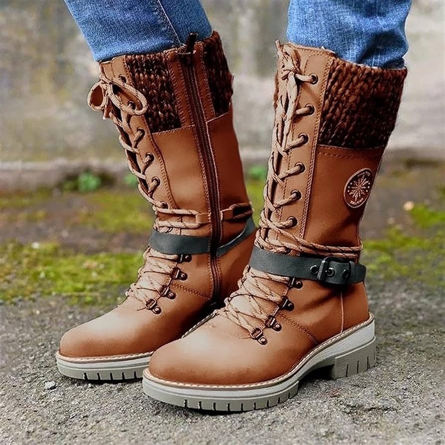 YDYCG Botas de punto de encaje con hebilla de invierno para mujer, tacón bajo, punta redonda, botas cálidas de invierno, botas de mujer (color marrón...