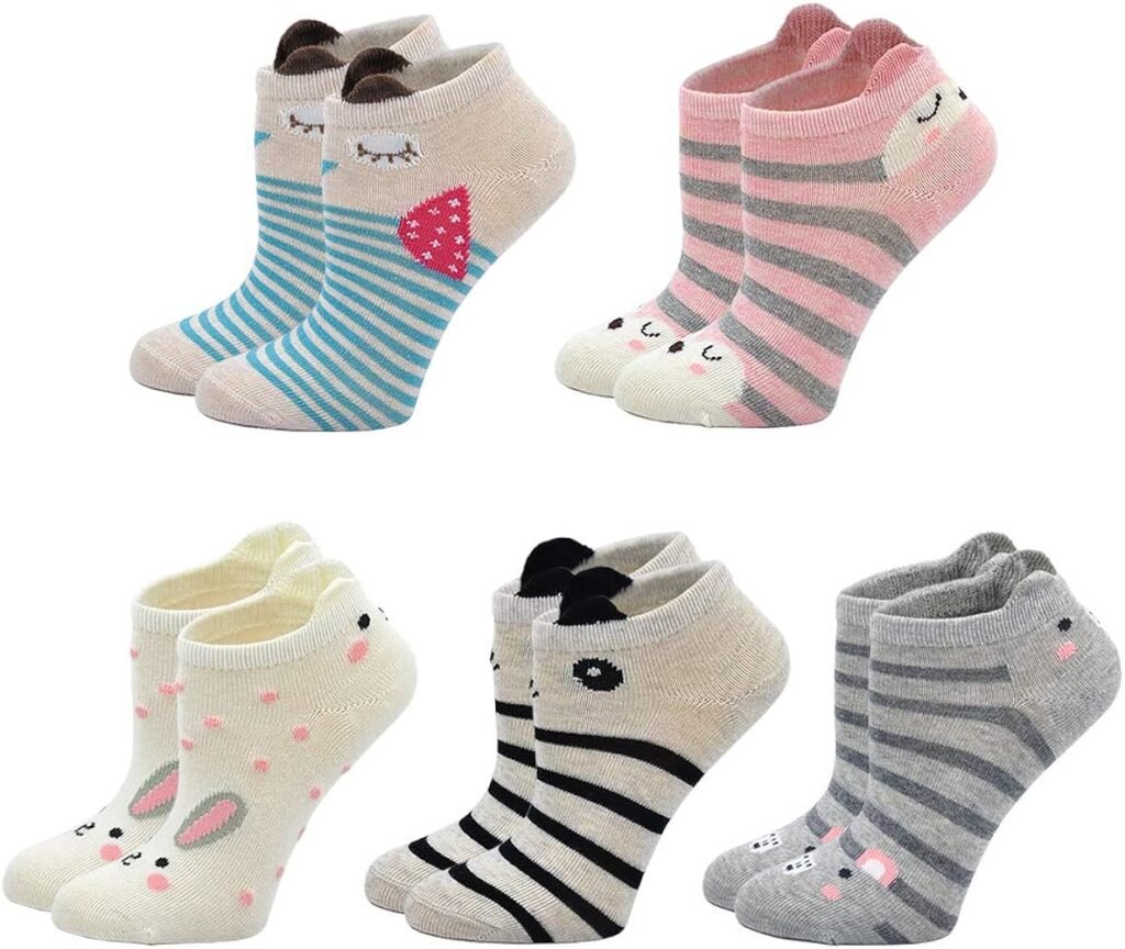 ZFSOCK Calcetines de Algodón para Niñas Novedad Diseños Calcetines, Animalitos estampados con orejitas en relieve, 2-11 Años, Pack de 5 Pares