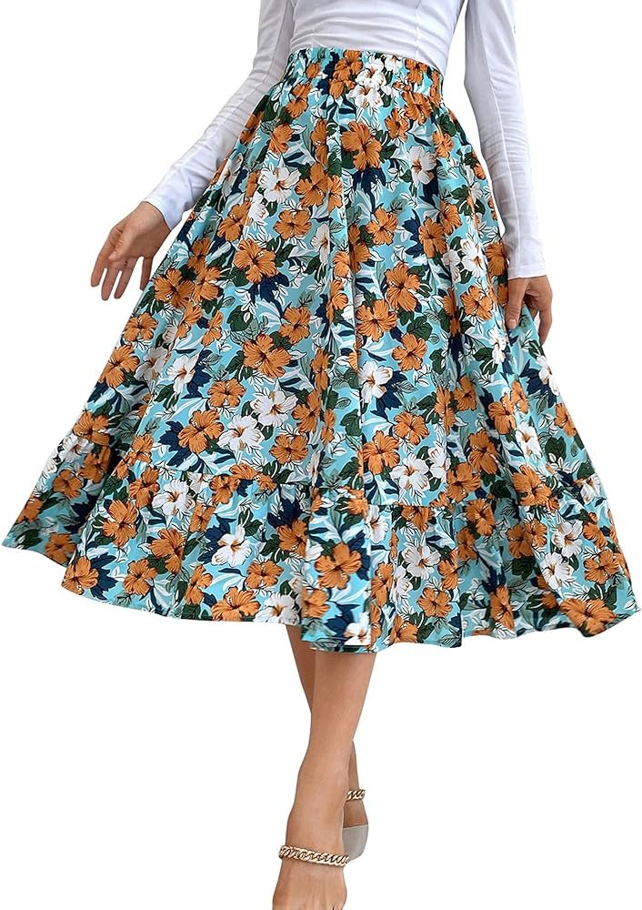 Maxi falda larga para mujer, estampado floral, falda de playa de longitud completa, bohemio, cintura alta, vestidos bohemios