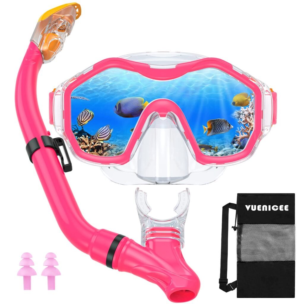 Gafas De Buceo y Tubo De Snorkel Set para Niños, Panorámico De 180° Gafas De Buceo De Cristal Templado y Dry Top Snorkel, Antivaho y Prueba De Fugas...