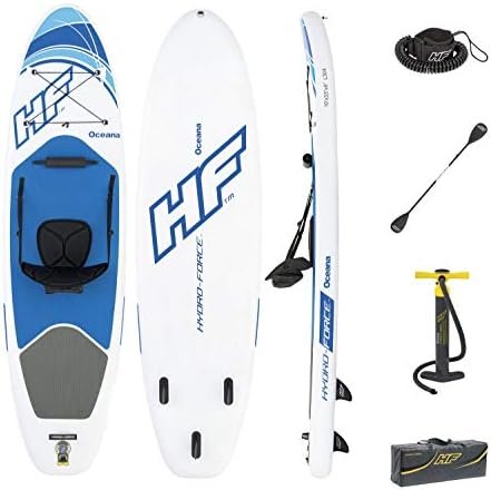 Bestway Hydro-Force Oceana - Tabla inflable de paddle suft con remo de aluminio, blanco y azul (SUP kit con correa, bomba de hinchado con manómetro y...