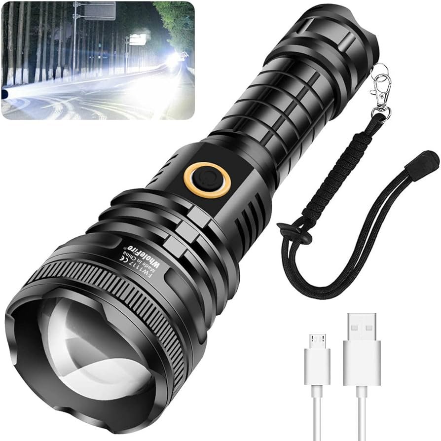 WholeFire Linterna LED Alta Potencia 90000 Lúmenes, Potente XHP90 Policial Linternas USB Recargable Impermeable 5 Modos de Zoom, Táctica Militar P90...