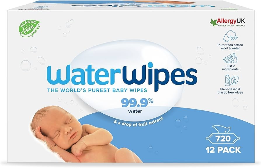 WaterWipes Toallitas húmedas Originales para Bebés, Sin Plástico, 720 unidades (Paquete de 12), 99,9% Base de Agua, y Sin Perfume para Pieles...